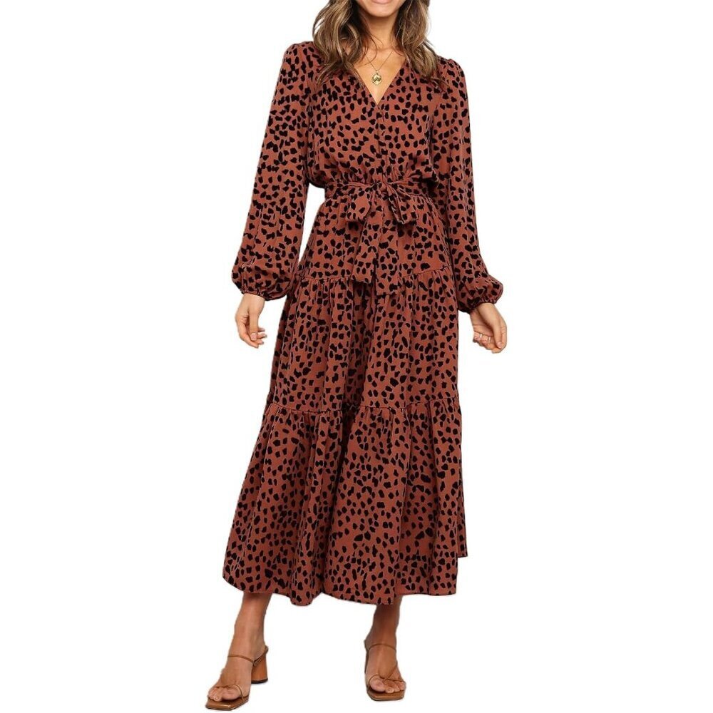 PrettyGarden Women Brown Red Polyester V Neck Long Sleeve Floral Maxi Dress